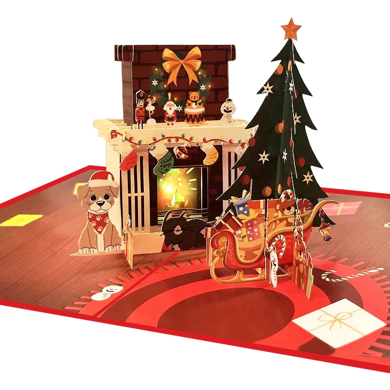 Sound Recordable Music 3d Pop Up Luxury Christmas LED Light Greeting Gift Paper Cards