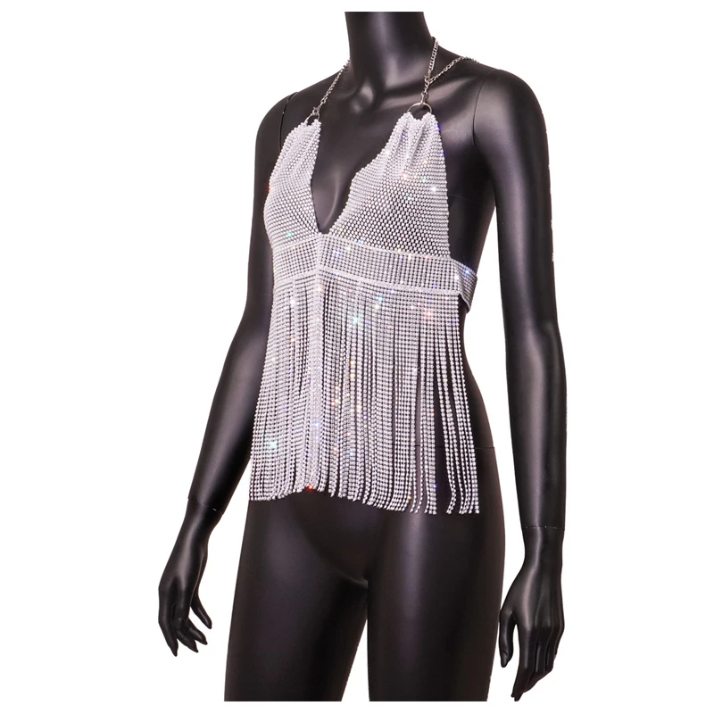 Glänzendes Strass-Tanktop mit V-Ausschnitt und Quaste, 2024, sexy, rückenfrei, Kristallkette, Spaghettiträger, Schlinge, Leibchen, Damen-Party-Crop-Top – Detail 11