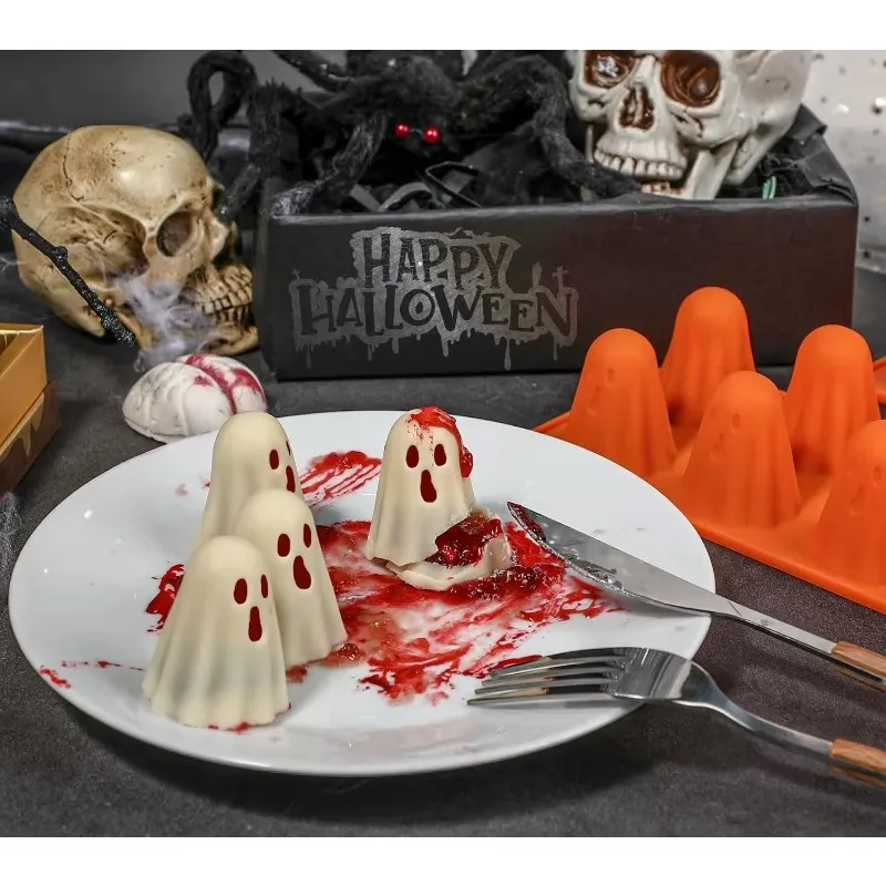 Spooky Halloween Silicone Baking and Candy Mold with Ghost Bat Spider Skull Designs for DIY Chocolate Fondant Cake Decorations