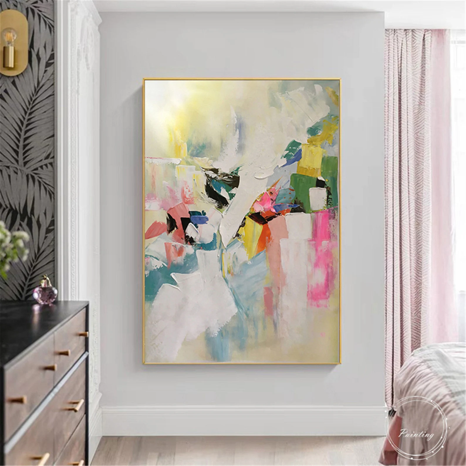

Pink color Abstract painting on canvas wall art texture room wall decor Palette Knife Art hallway yellow green acrylic painting