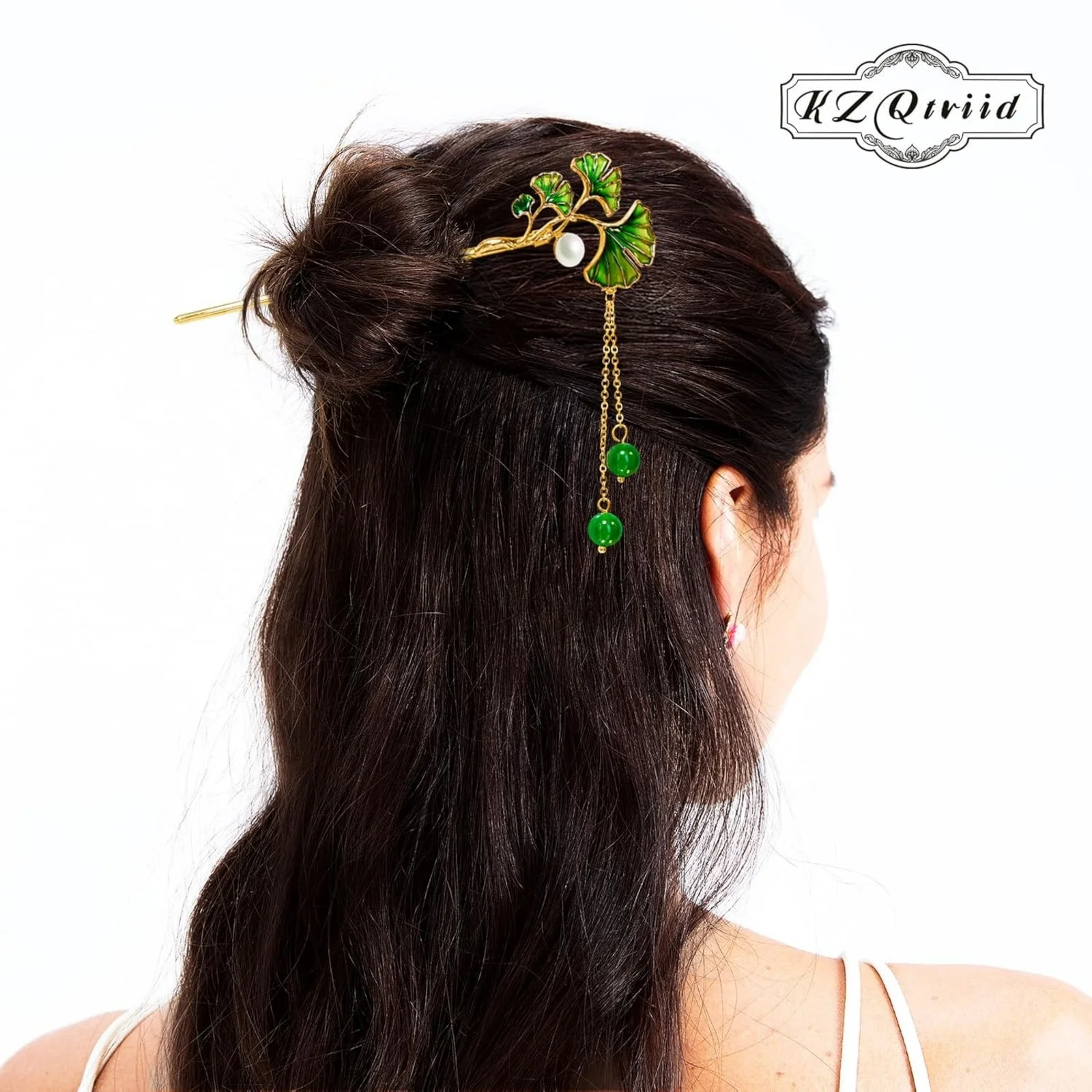 1PC Chinese - Style Ginkgo Leaf Hairpin, Handmade Hair Accessory with Pearl & Green Bead Tassel, Ideal for Traditional Updos