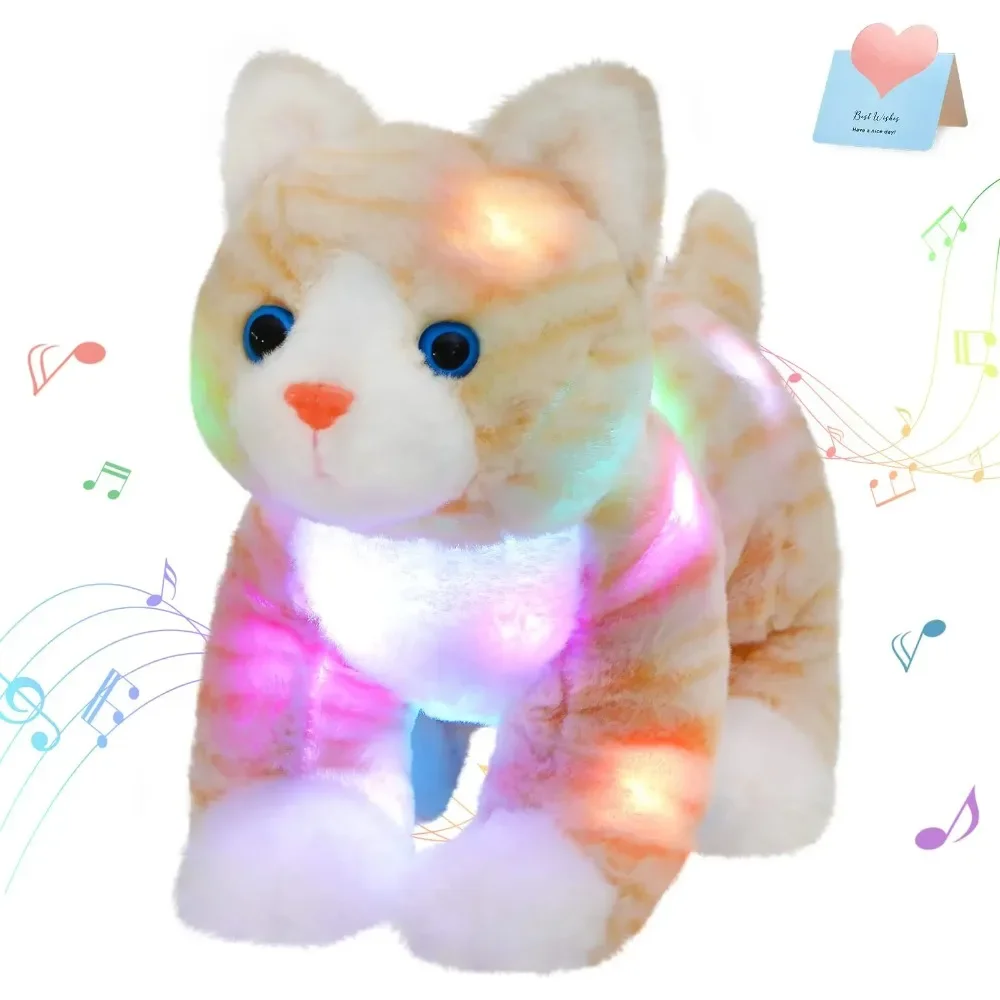 35cm Kawaii Orange Cat Plush Toys Kitty Throw Pillows Cute Cat with Musical LED Stuffed Animals Gift for Girls Kids Lullaby