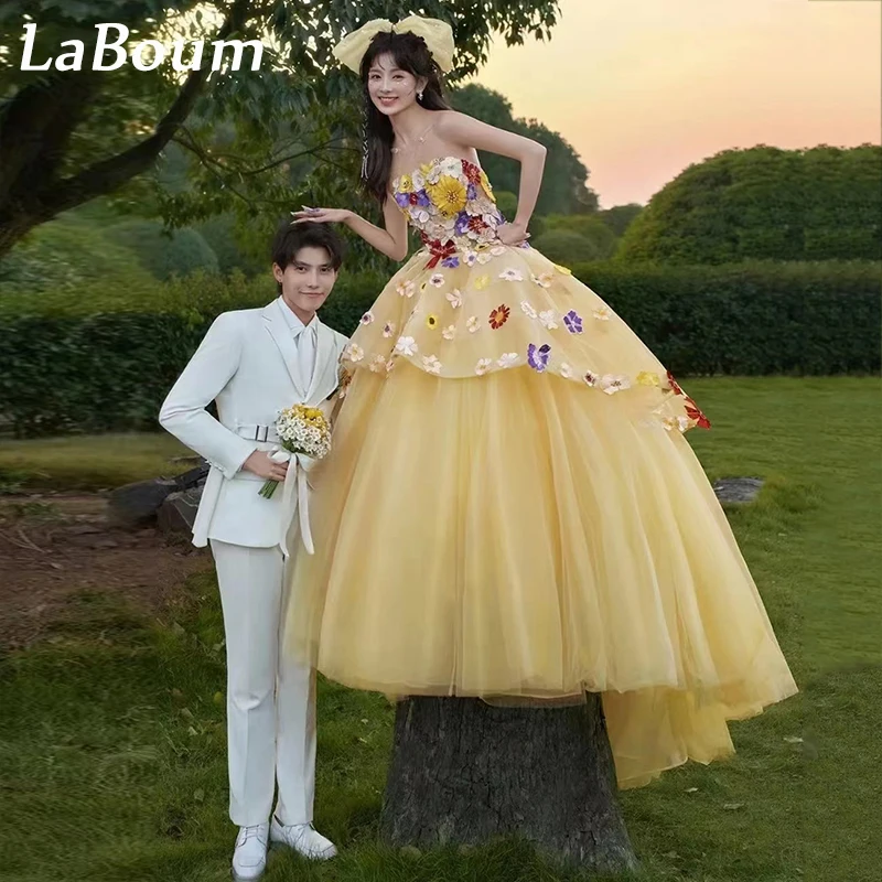 

LaBoum Korean Lady Garden Prom Dress Elegant Colorful 3D Flower Strapless Ball Gowns Formal Evening Party Gown Wedding Photosho