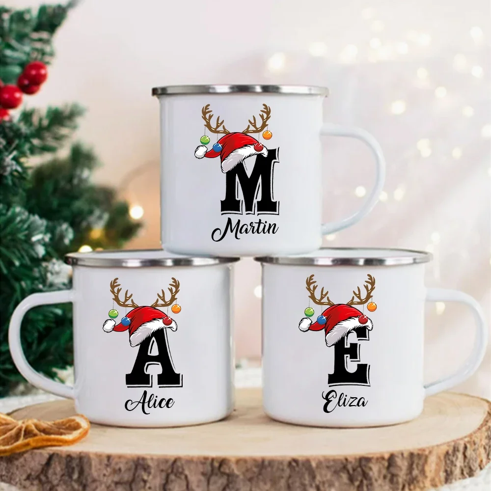Personalized Christmas Enamel Mugs Custom Deer Horn Christmas Hat Letter Coffee Cups Xmas Party Cocoa Milk Juice Cups Xmas Gift