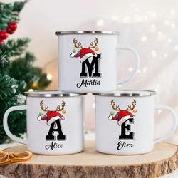 Personalized Christmas Enamel Mugs Custom Deer Horn Christmas Hat Letter Coffee Cups Xmas Party Cocoa Milk Juice Cups Xmas Gift