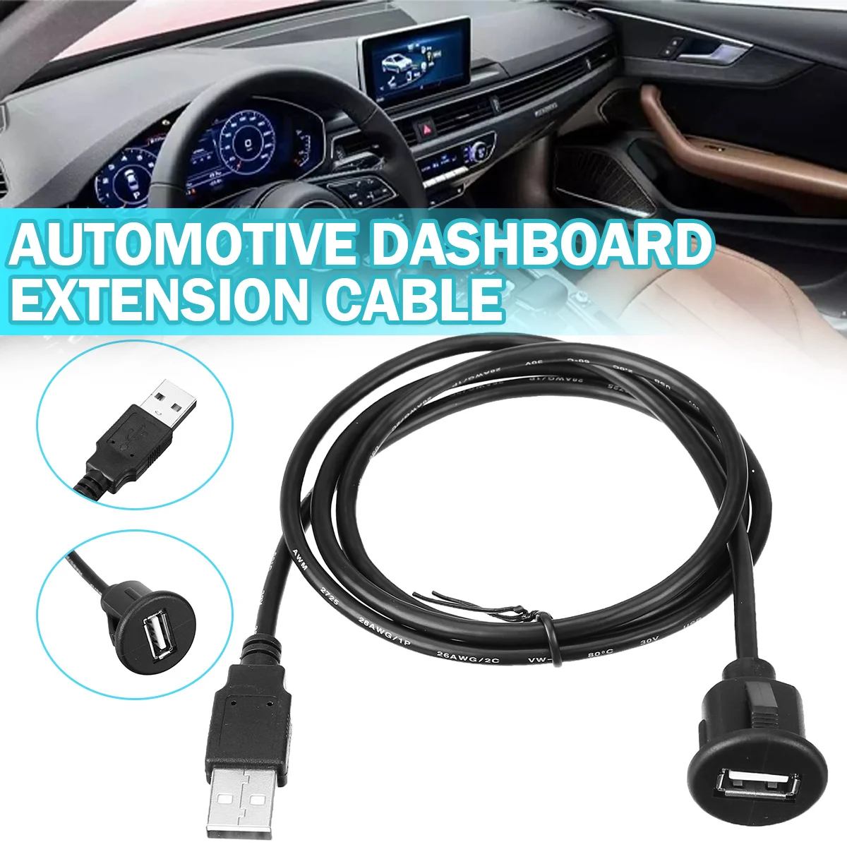 1Meter Car Dash Mount USB 2.0 Male to Female Socket Extension Panel