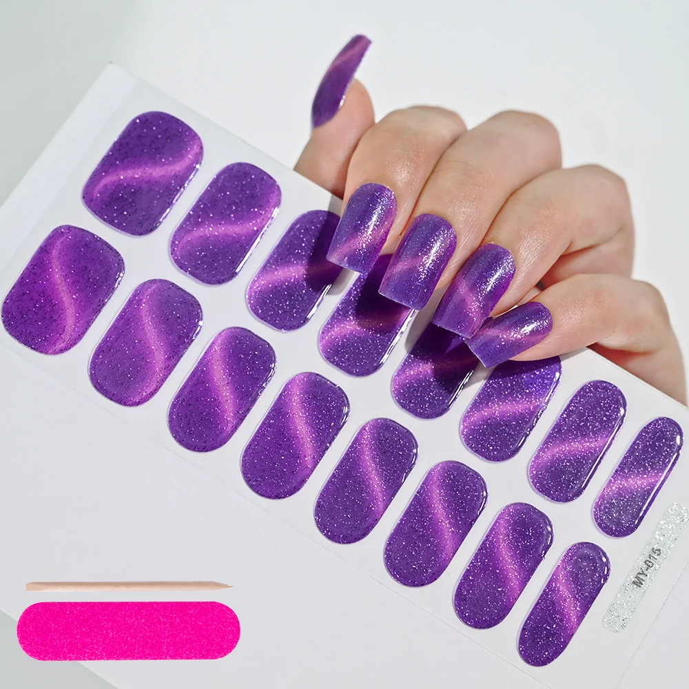 16Tip Glitter Purple/Pink Semi-Cured Gel Nail Patch Sticker Waterproof Long-Lasting Nail Patch Slider Full-Cover Gel UV Stciker nail stickers nail art decoration nail decals