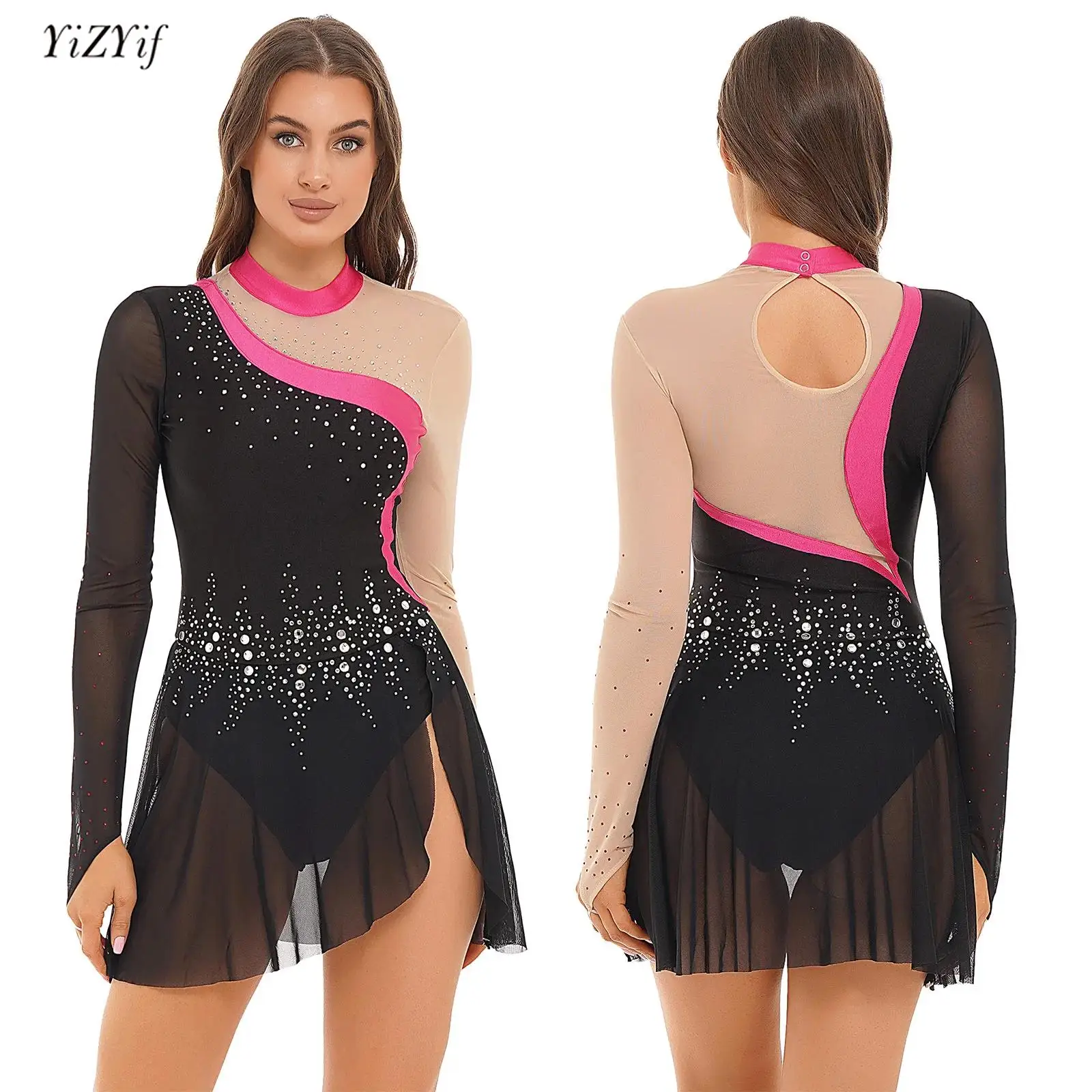 

Womens Ballet Dance Dress Figure Skating Lyrical Dance Performance Costume Sparkling Rhinestone Long Sleeve Sheer Mesh Dresses