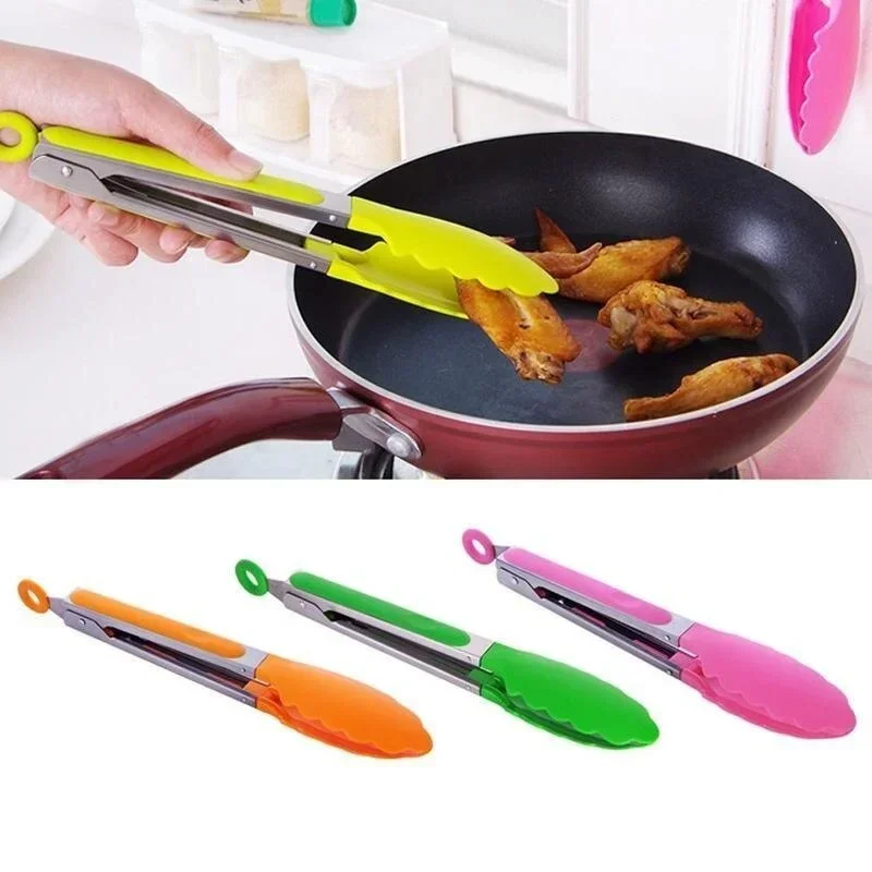 Food Tongs Stainless Steel Kitchen Tongs Silicone Handle BBQ Tong Non-Slip Food Tong Utensil Cooking Clip Clamp Salad Serving Baking Tool