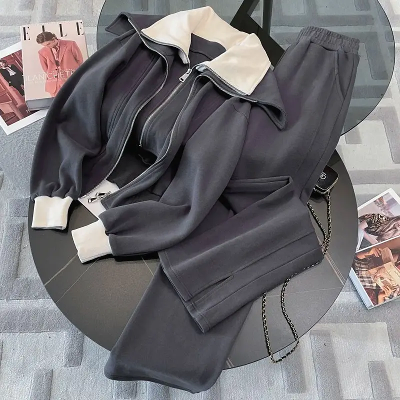 

2023 New Spring Autumn Women's Casual Suits Female Long Sleeve Zipper Jackets Ladies Fashion Wide-leg Pants Two-piece Sets R383