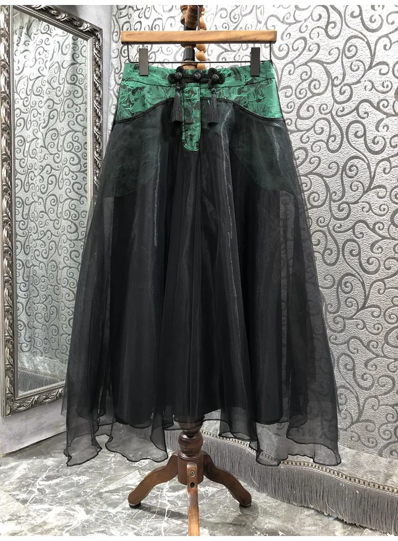 

2022 Autumn Winter Fashion Long Skirts High Quality Women Vintage Jacquard Print Patchwork Mid-Calf Black Green Gown Skirts