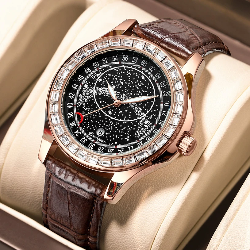 

Bright Crystal Dial Men's Watch Fashion Leather Quartz Watches Diamond Dress Waterproof Luminous Luxury Sport Men Wristwatch