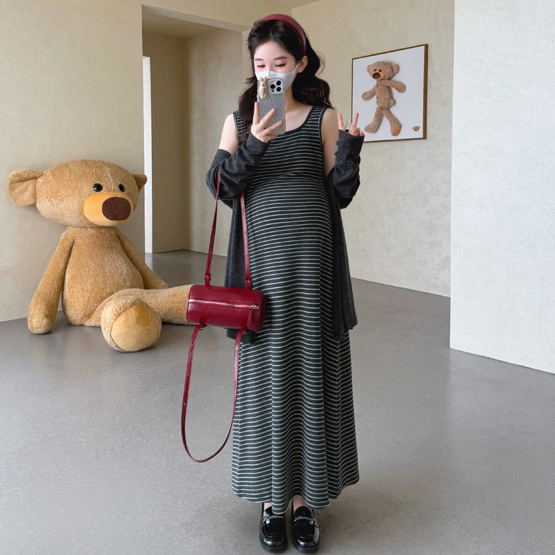 봄 패션 임산부용 긴팔 오픈 가디건 드레스 투피스 세트 슬리밍 레이지 스타일 한국 버전 임부복