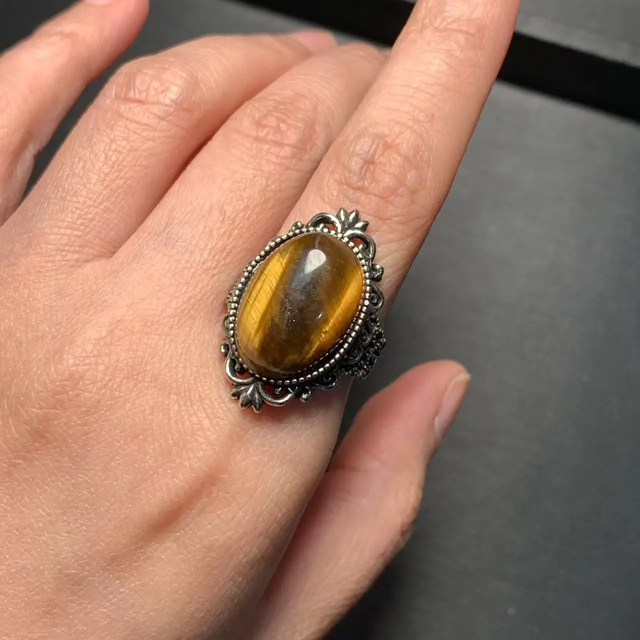 18*14MM Natural Tiger's Eye Ring Adjustable Female Ring Jewelry for Women Gift Wholesale High Quality Vintage Fine
