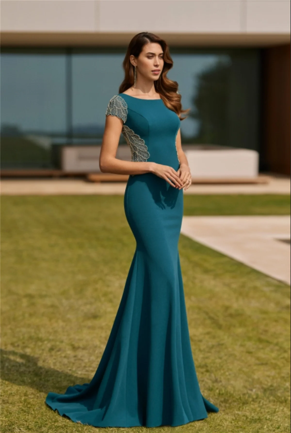 

Dark Green Elegant Mermaid Evening Gown Slim Fit Round Neck Backless Prom Gown Lace Sparkling Appliqué 2024 Custom فساتين سهرة