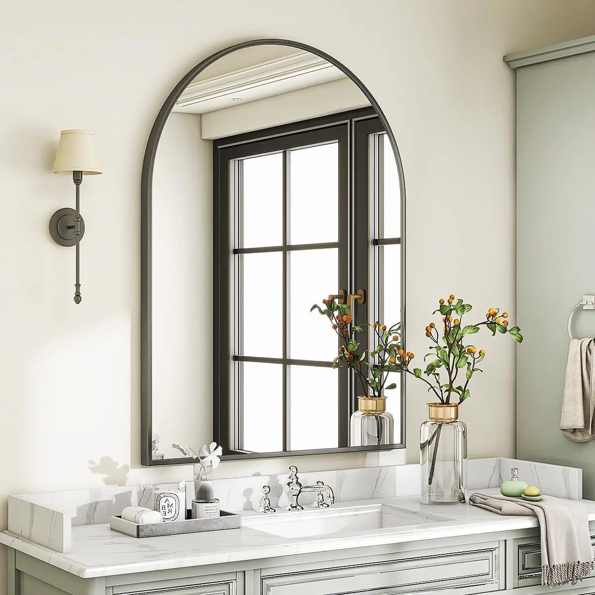 Mirror for Wall and Table, Bathroom Vanity Mirror Farmhouse, Metal Framed Large Rectangle/Arch Mirror, Anti-Rust, Tempered Glass