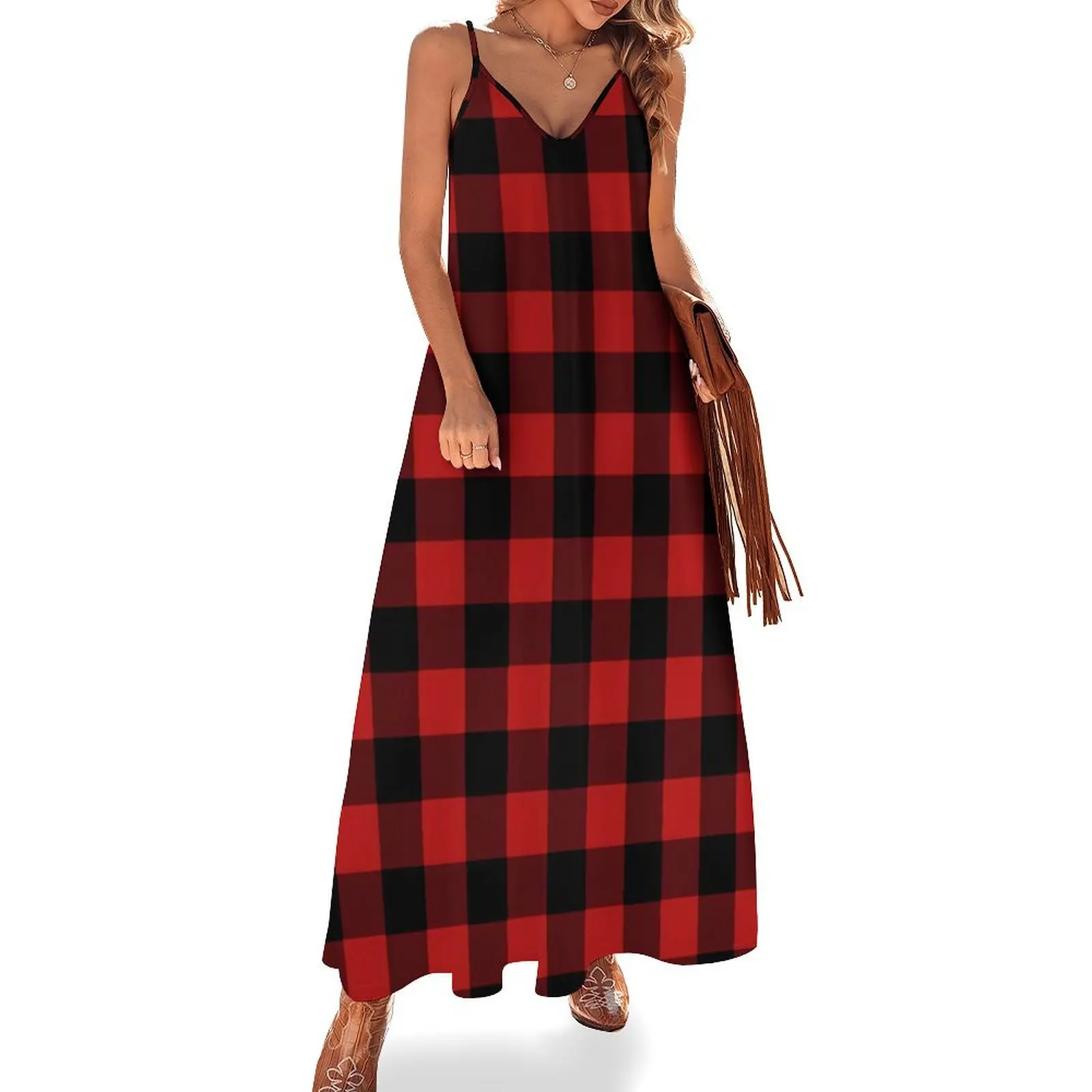 

Red And Black Plaid Dress Checkerboard Korean Fashion V Neck Bohemia Long Dresses Woman Graphic Night Club Maxi Dress Big Size