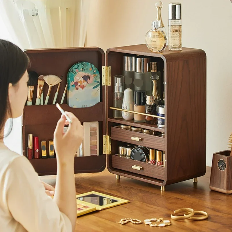 

Makeup Cabinet Vanity Large Capacity Lipstick Skin Care Organizer Boxes Retro Solid Wood Cosmetics Storage Box Desktop Dustproo