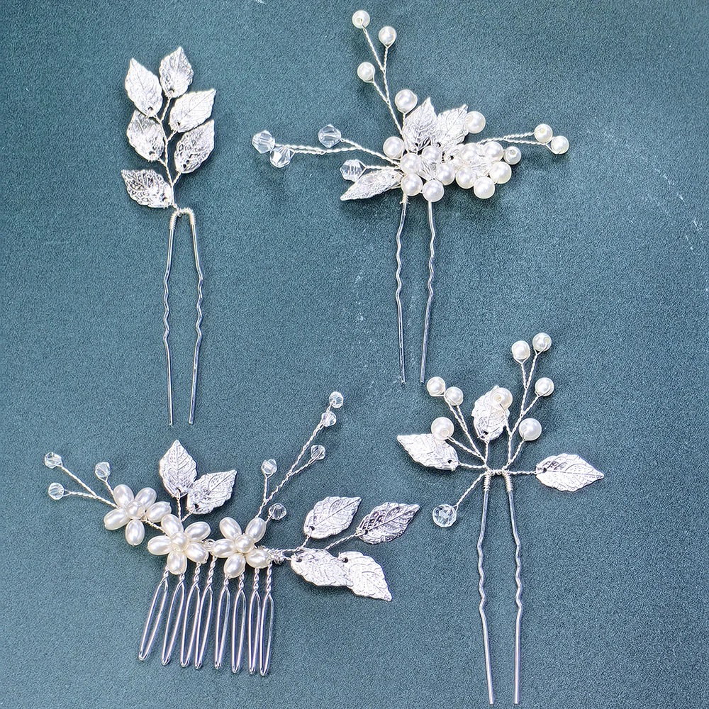 4 Piece Bridal Tiara Imitation Pearl Rhinestone Silver Leaf Wedding Set Elegant Hair Accessories Bridesmaid Flower Girl