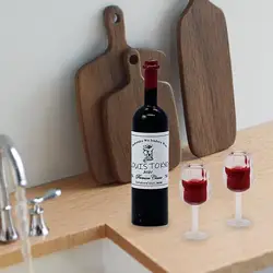 Miniature Wine Bottle and Cup Set for Dollhouse Bars and Kitchen Decor (Red Cap)