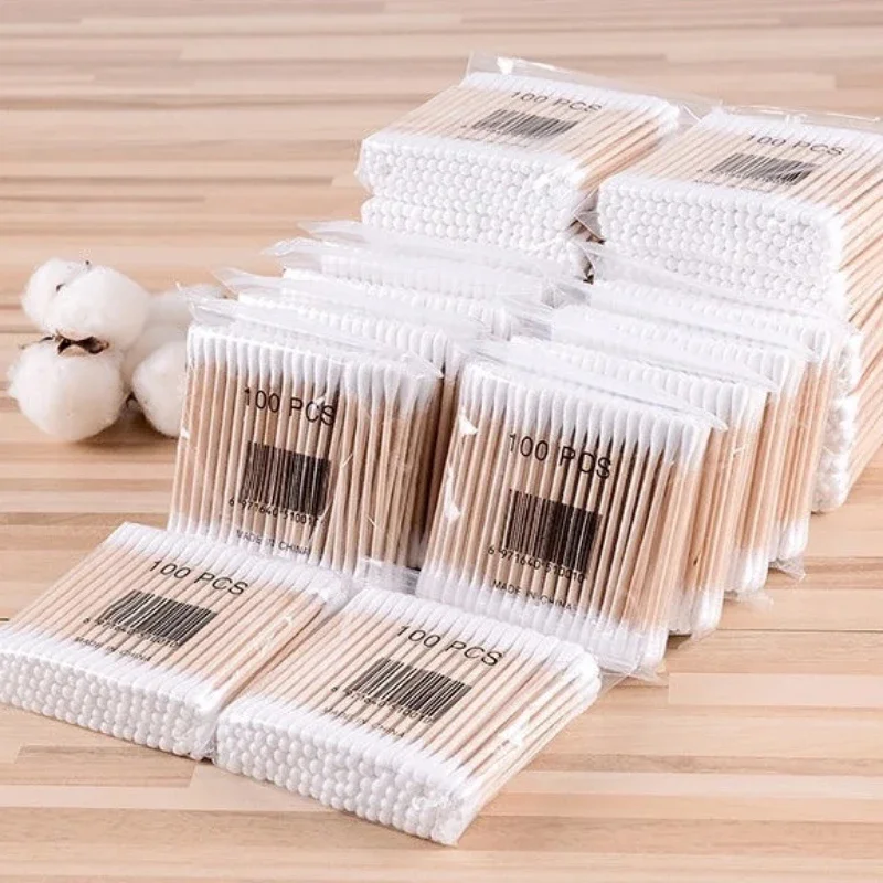 Family Pack 100PCS Disposable Baby Cotton Swabs Double Head Wooden Handle Sanitary Cleaning Care Tools Disinfection Cotton Swabs cotton swabs