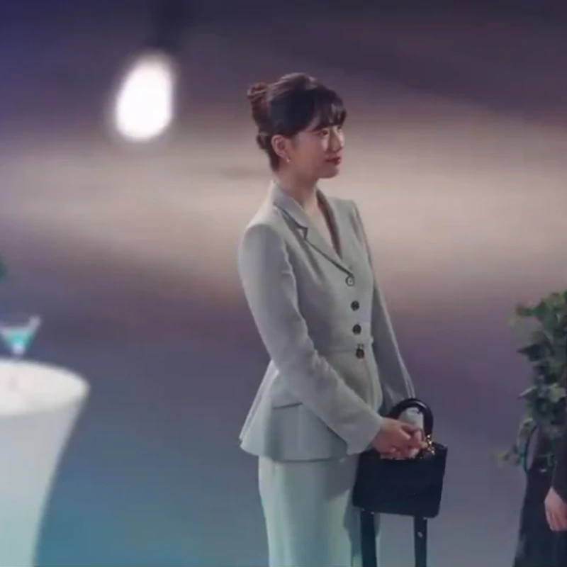 Kpop 수지 Korean Drama Same Office Elegant Long Sleeve Button Blazer Jacket+Loose High Waist Slit Long Skirts Women Two Piece Set