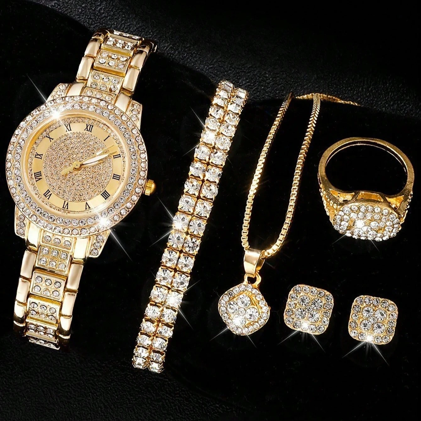 6pcs Luxury Rhinestone Women Quartz Watch With Rhinestone Bracelet Necklace Ring And Earrings Fashion Jewelry Set For Daily Wear