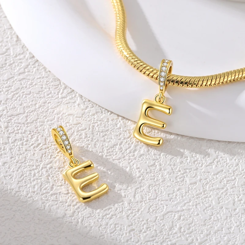 Elegant 925 Sterling Silver Golden Letter Pendant Charm Bead for Women - Jewelry Gift DIY