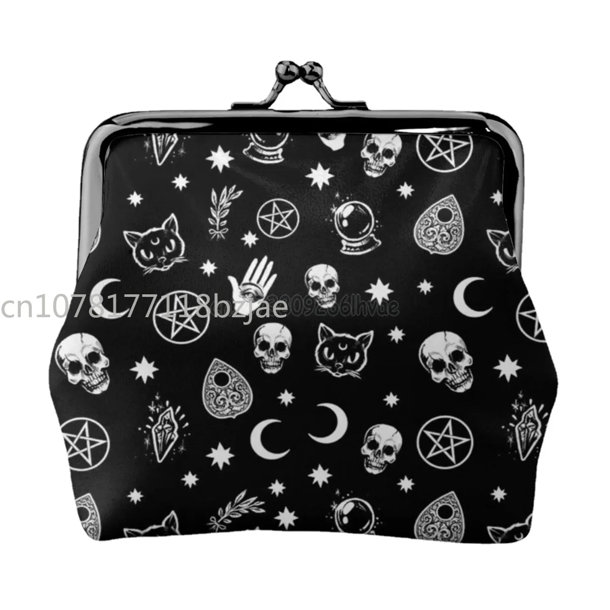 

Gothic Skull Cat Moon Leather Coin Purse Small Kiss-Lock Change Pouch Clasp Closure Buckle Wallet For Women Girls