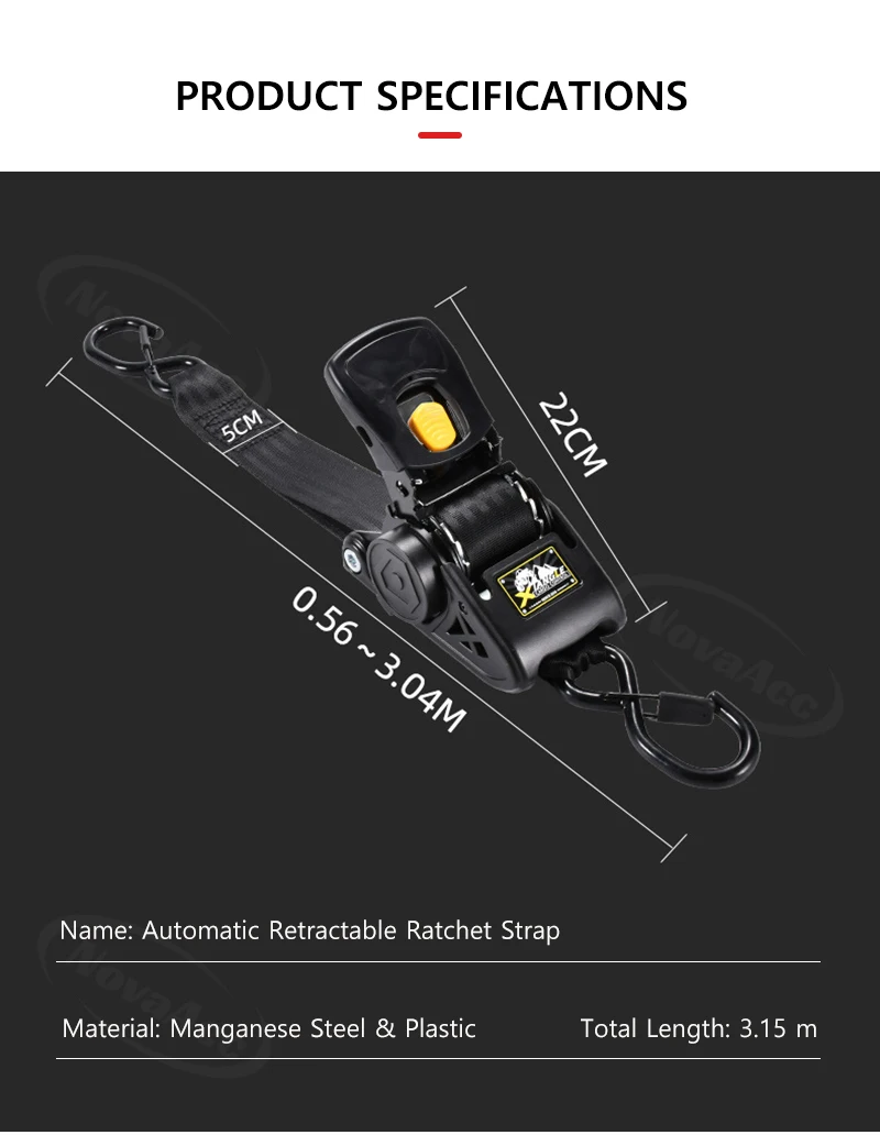 Hochbelastbarer Automatischer Einziehbarer Ratschengurt 3,3m Schnellverschluss-Zurrgurt 680kg Schnalle S-Haken für Motorrad Fracht Anhänger – Detail 11