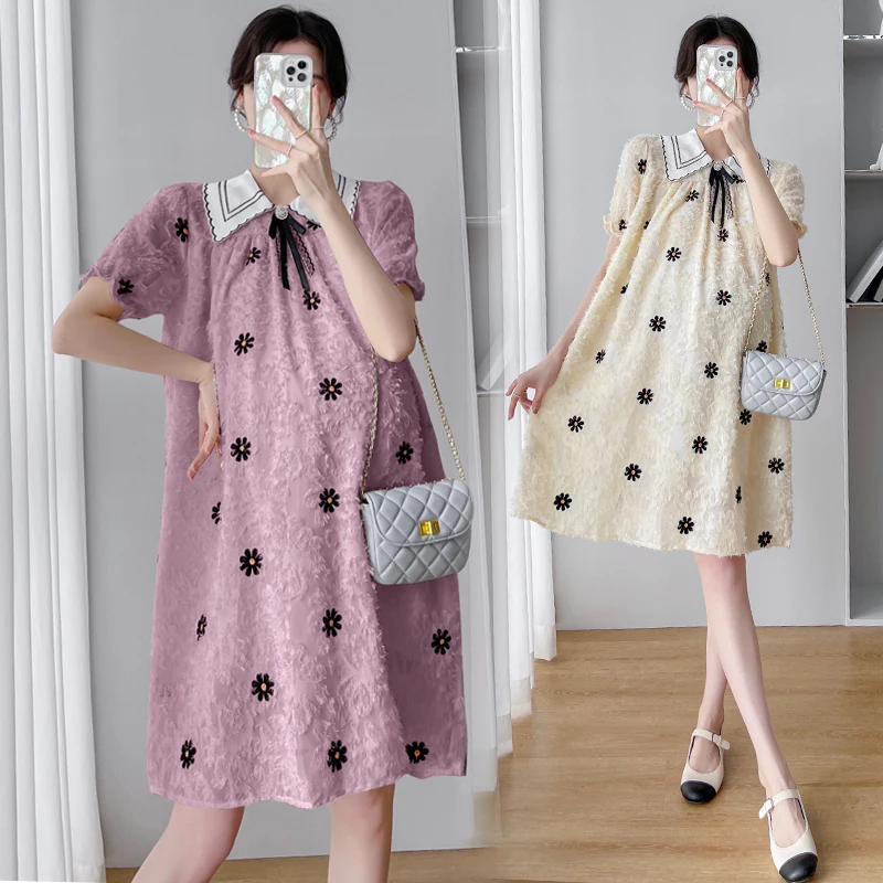 

Summer Maternity Dress Flower Embroidered Dress Short Sleeve Turn-down Collar Chiffon Blouse Pregnant Woman Cute Chiffon Dress