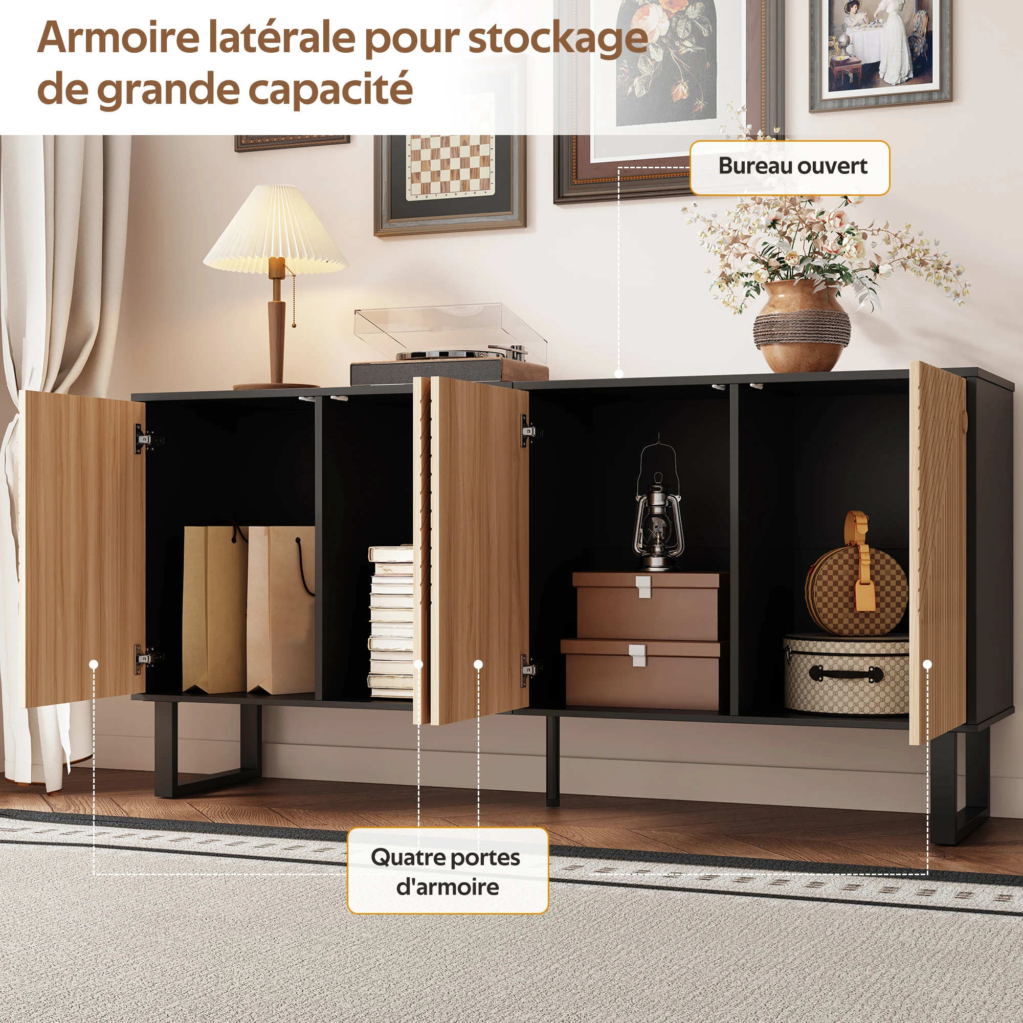 Modernes, minimalistisches Sideboard, kontrastierendes Design in schwarzer Holzmaserung, 3D-gestreifte Vorderseite, extra großer Stauraum – Detail 11