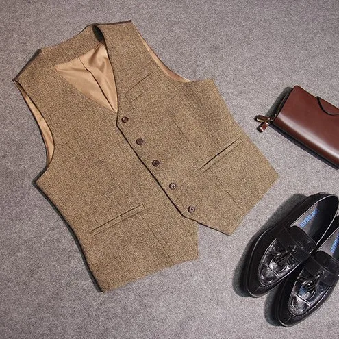 

Spring Autumn Men's Suit Vest Herringbone Groomsman Waistcoat Slim Business Sleeveless Steampunk Waistcoat Wool Warm B16