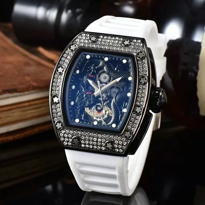 

2023 Multi-function automatic 3-pin clock Men's Top RM Luxury AAA Men's watch Glow-in-the-dark Dragon Print set with diamonds