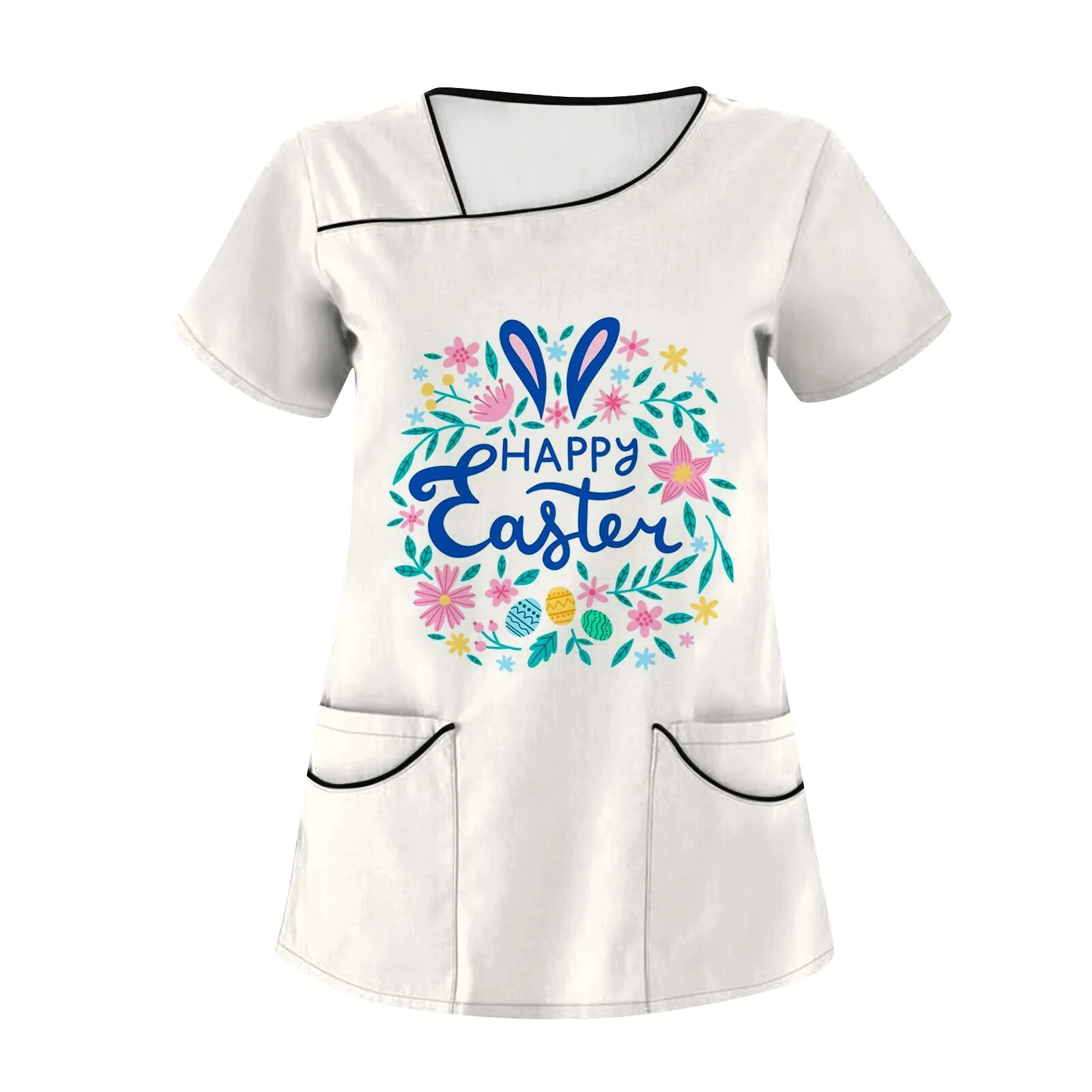 

Женская фотоформа, топы с пасхальным принтом, топы с коротким рукавом и наклонным воротником, с двойными карманами
