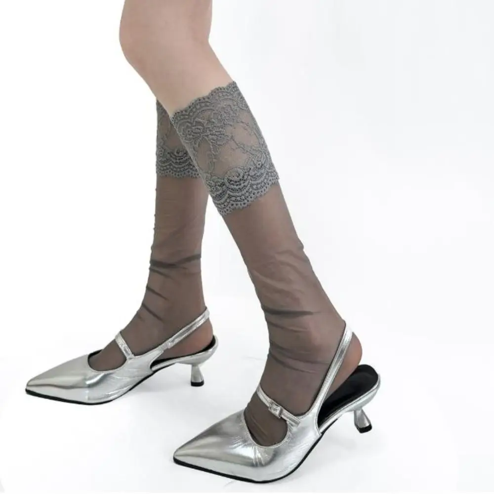 Spitzen-Rüschenstrümpfe mit Blumenmuster, durchsichtige Spitzen-Rüschenstrümpfe, lange Socken, ultradünne, transparente Kniestrümpfe für süße Mädchen – Detail 5