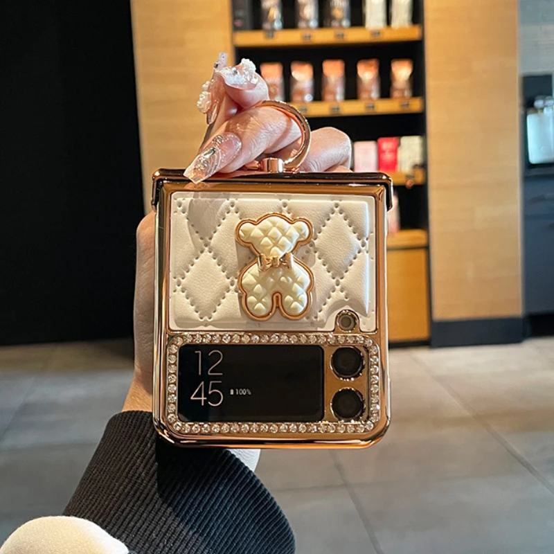 For Samsung Galaxy Z Flip 4 Case Ring Rhinestone Rhombus Leather Phone Case Z Flip4 Hinge Protective Cover phone case