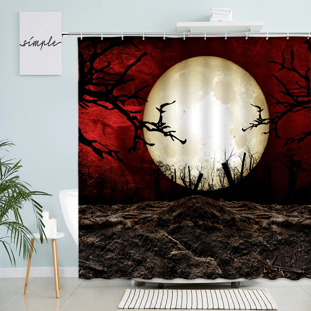 

Full Moon Night View Shower Curtain Mysterious Red Sky Trees Branch Pattern Waterproof Bath Curtains Modern Cloth Bathroom Decor
