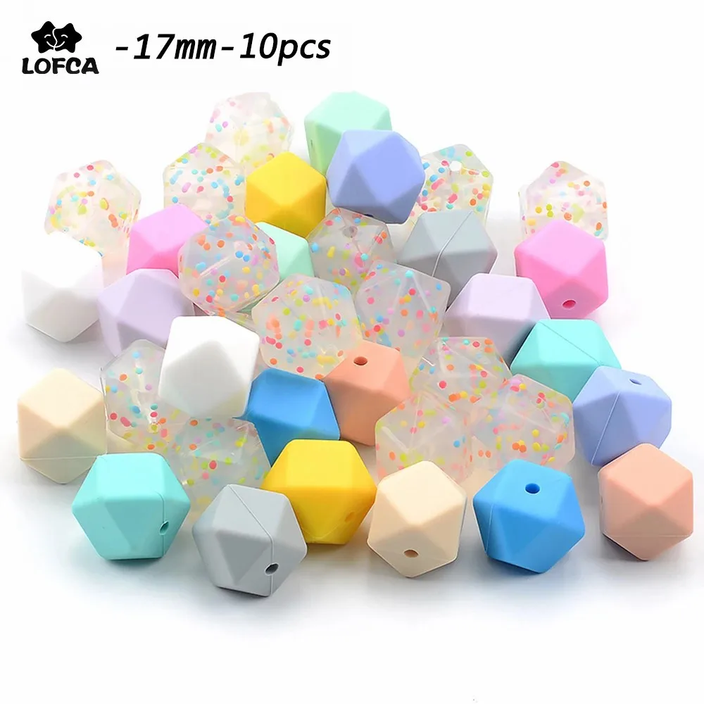 LOFCA Wholesale 10pcs/lot Hexagon Beads 17mm Geometric Silicone Beads BPA Free Chewable Baby Teethers Teething Pacifier Clip