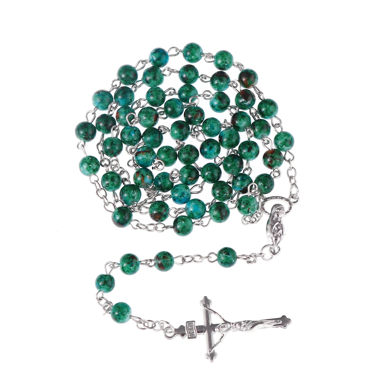 NewTrendGreenStoneRosaryCrossNecklaceChristianVirginMary