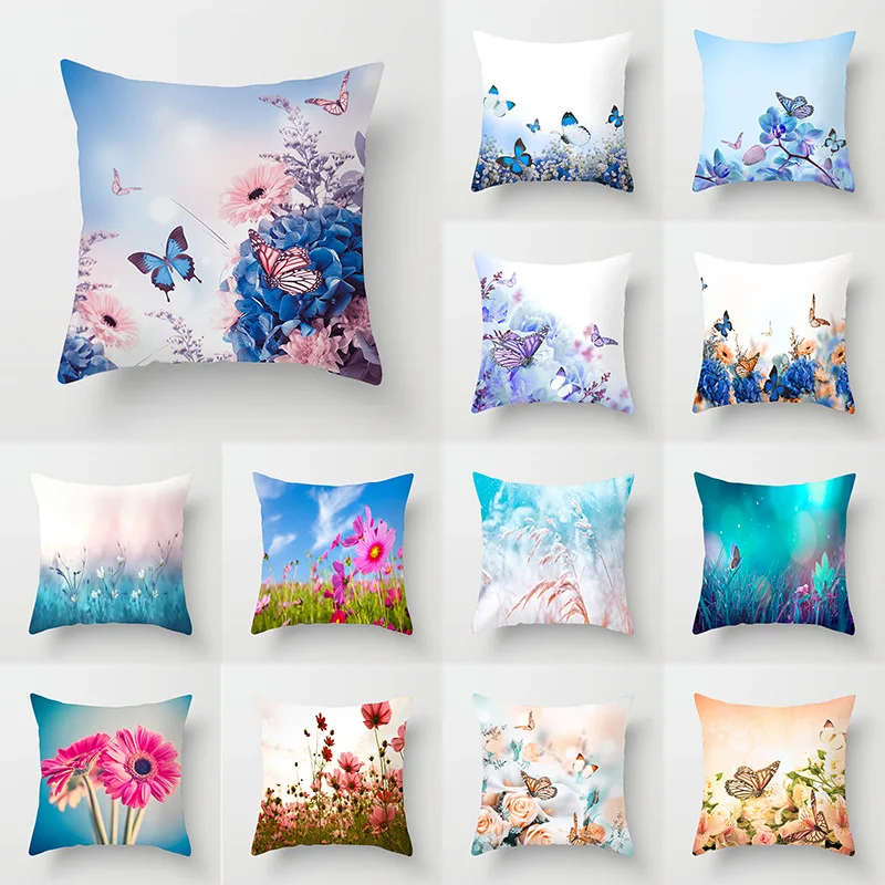 

45x45cm Butterfly Flowers Series Pillowcase Sofa Car Waist Throw Pillow Case Home Decor Ins Style Flower Landscape Cushion Cover
