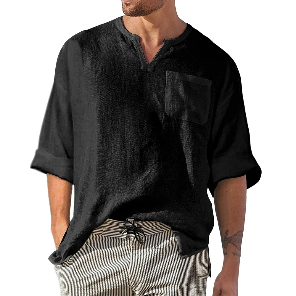 

T-Shirts Men Tops Daily Indoor Office Outdoor Appointments V-Neck Cotton Linen Long Sleeve Loose M-2XL Pocket Slim