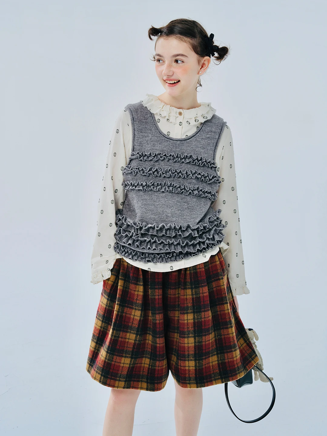 Women's Elastic Waist Plaid Pocket Pleated Wool Shorts IMAKOKONI original design 244439