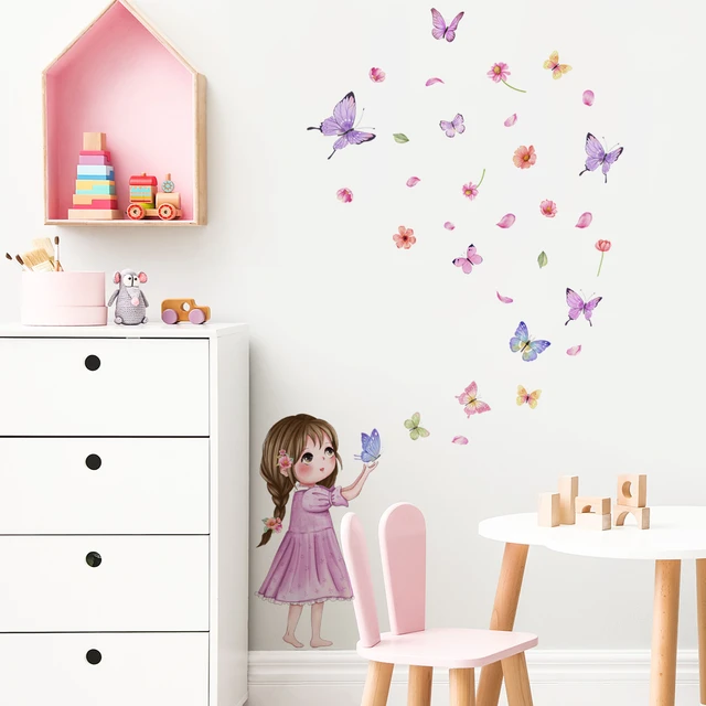 Autocollant mural fleur violette papillon lune fille, papier peint  auto-adhésif de dessin animé, décoration de maison pour salon chambre à  coucher - AliExpress