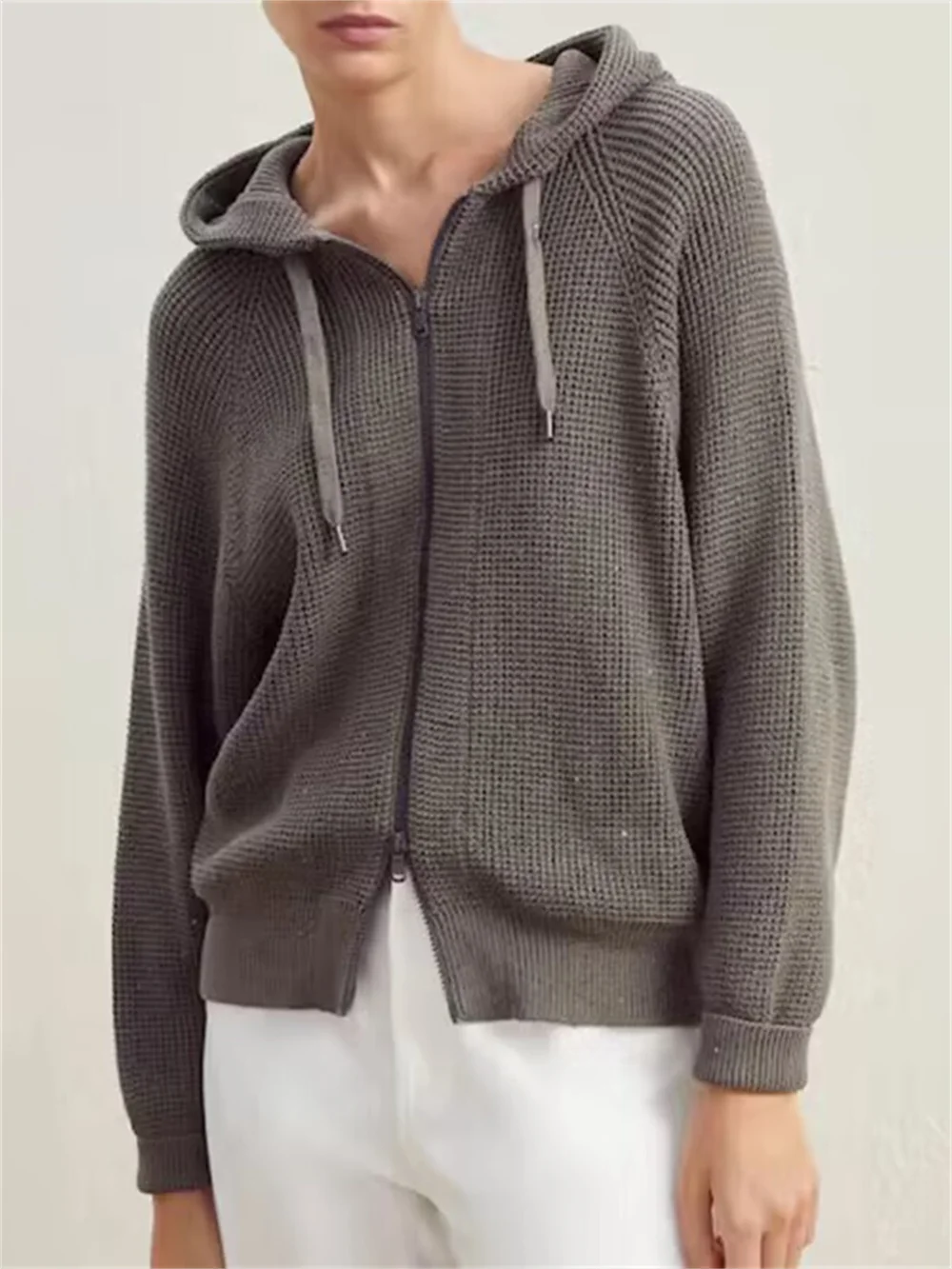 

Women Pocket Beaded Chain Sequin Decoration Jacket Autumn New 2023 Ladies Zipper Fly Long Sleeve Solid Color Hooded Coat