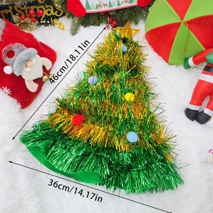 Christmas Beanie Hat Christmas Tree Hats Fabric Rain Silk Hat for Adults Kids Funny Santa Hat with Tinsel Xmas Holiday Party Costume New Year Decor