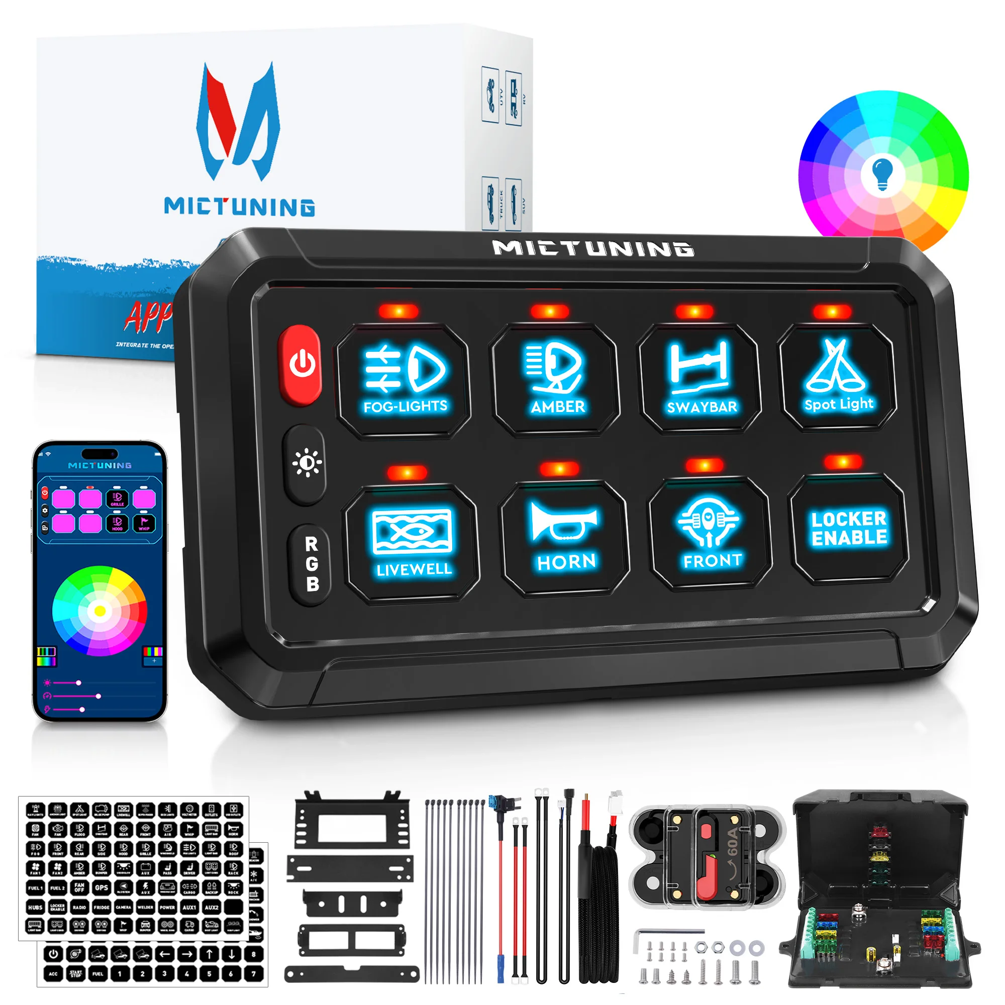 

Mictuning 8 Gang Switch Panel App Control 5.0" RGB Touch Toggle Switch, Circuit Relay System Box for Truck SUV UTV Offroad Car