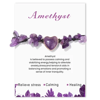 Amethyst Heart Pendant Bracelet Irregular Natural Stone Chip Beads Knotted Braided Bracelets For Women Men Adjustable Jewelry