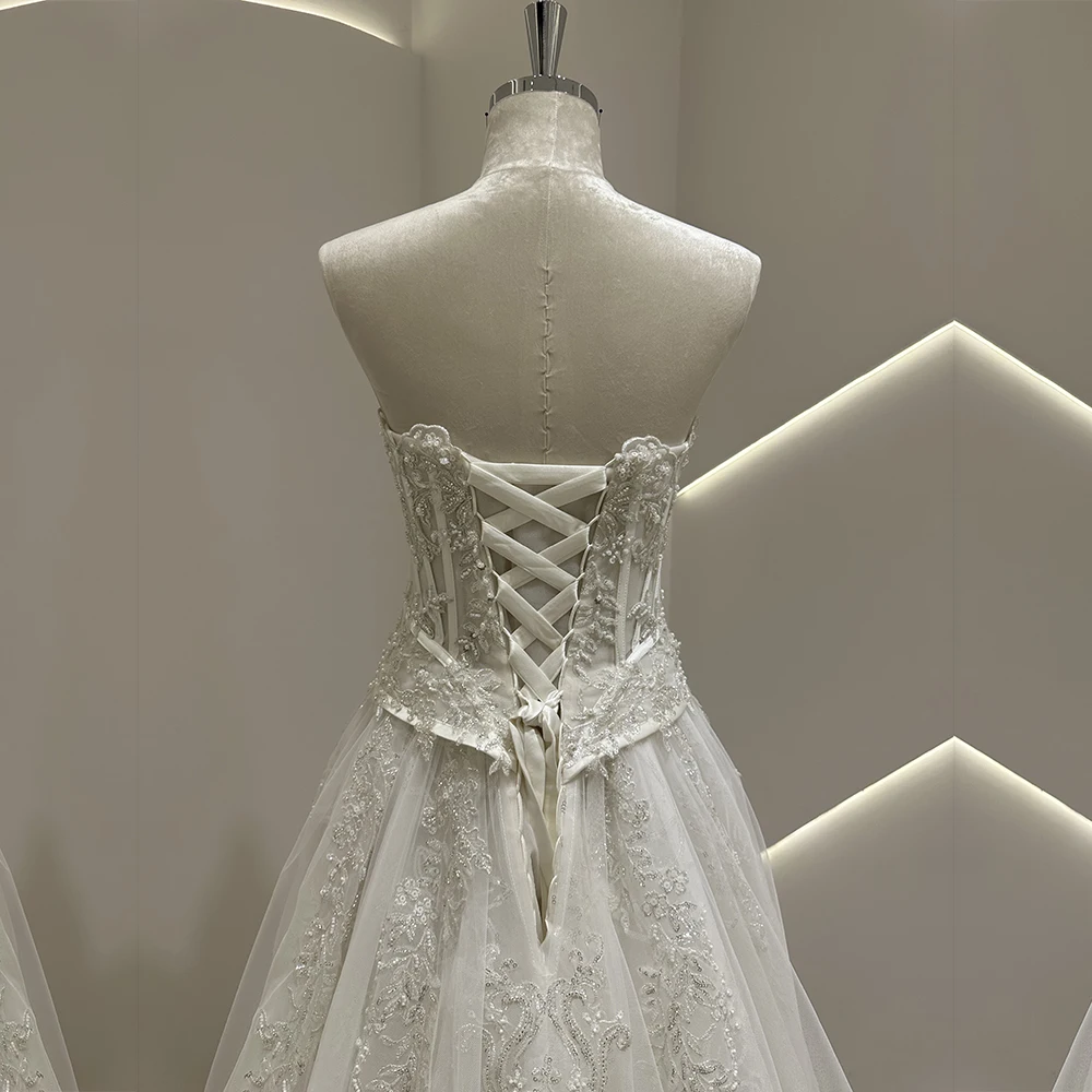 SL-9525 Customized SuLi Romantic Strapless Bride Wedding Dress Lace Appliques Beading Bohemian See Through Beach Bridal Gown