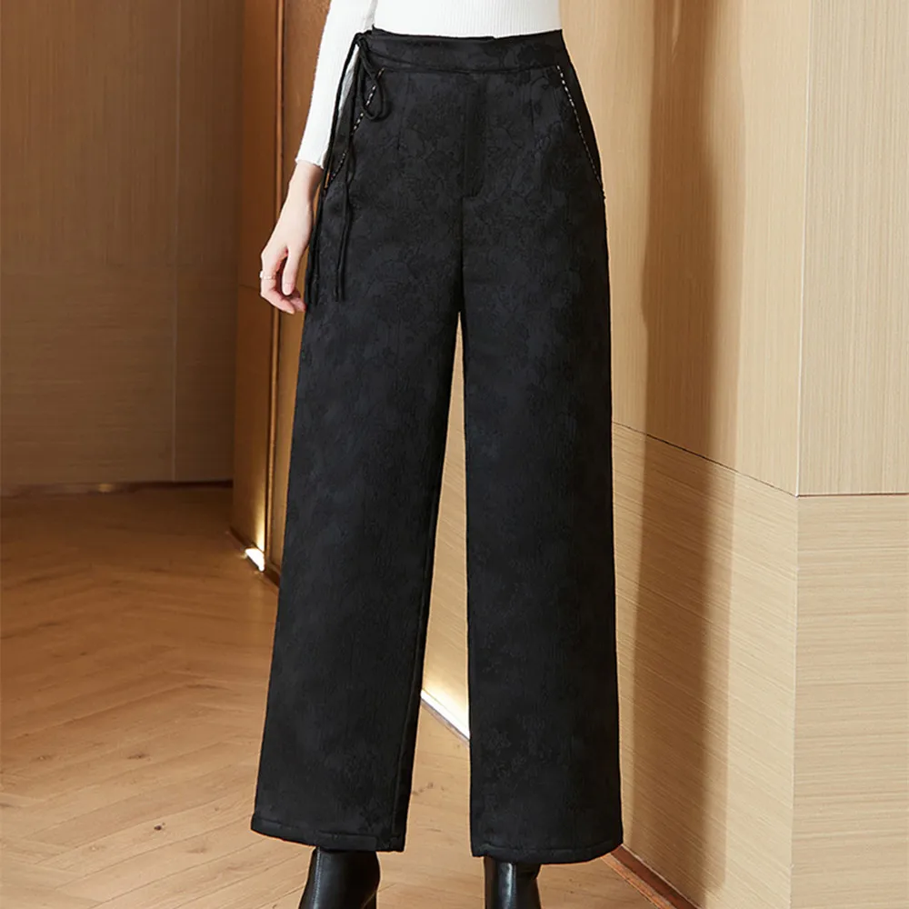 

Winter Art Vintage Ethnic Style Fashion High Waist Wide Leg Pants Jacquard Pockets Loose Keep Warm Casual Straight Trousers